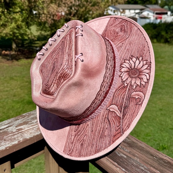 Hand Burned Sunflower Hat with Wood Grain Design, Arrow Suede Fedora - Picture 1 of 2